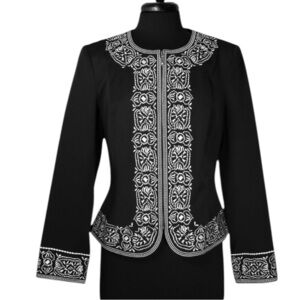 VTG PETER NYGARD White Embroidered Black Lined Zip-up Blazer Jacket Size 18